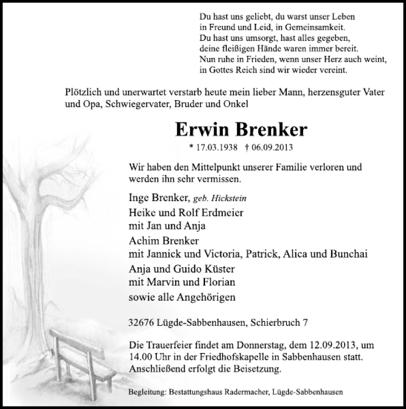  Traueranzeige für Erwin Brenker vom 09.09.2013 aus Deister- und Weserzeitung