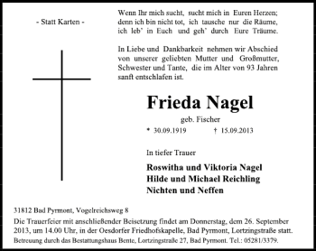 Traueranzeige von Frieda Nagel von Deister- und Weserzeitung