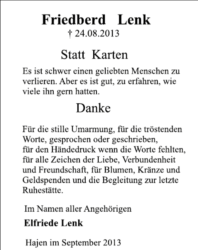  Traueranzeige für Friedberd Lenk vom 21.09.2013 aus Deister- und Weserzeitung