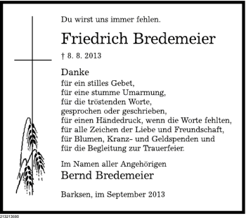 Traueranzeige von Friedrich Bredemeier von Deister- und Weserzeitung