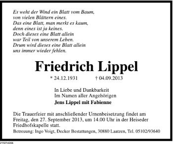 Traueranzeige von Friedrich Lippel von Deister- und Weserzeitung