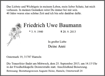 Traueranzeige von Friedrich Uwe Baumann von Deister- und Weserzeitung