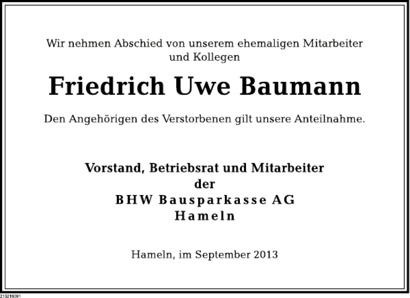  Traueranzeige für Friedrich Uwe Baumann vom 26.09.2013 aus Deister- und Weserzeitung