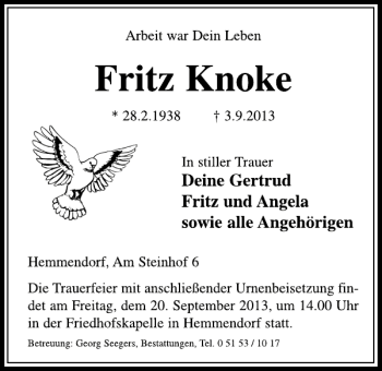 Traueranzeige von Fritz Knocke von Deister- und Weserzeitung