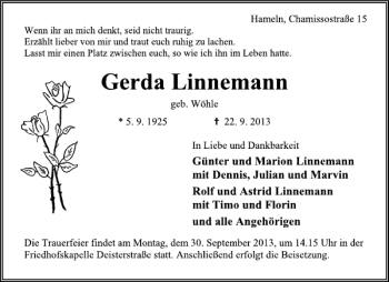 Traueranzeige von Gerda Linnemann von Deister- und Weserzeitung
