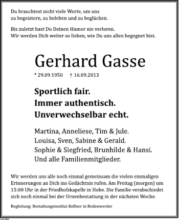 Traueranzeige von Gerhard Gasse von Deister- und Weserzeitung