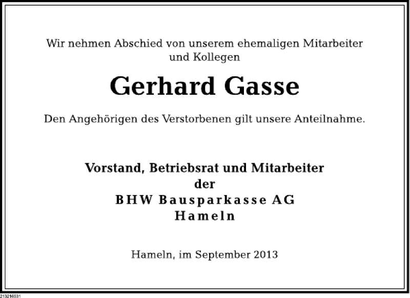  Traueranzeige für Gerhard Gasse vom 20.09.2013 aus Deister- und Weserzeitung
