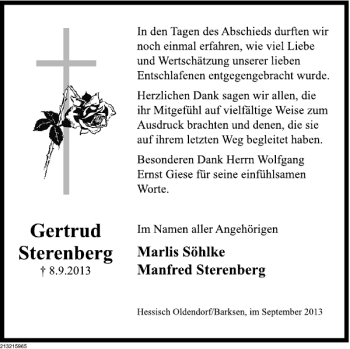 Traueranzeige von Gertrud Sterenberg von Deister- und Weserzeitung