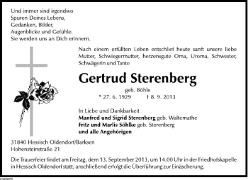 Traueranzeige von Gertrud Sterenberg von Deister- und Weserzeitung
