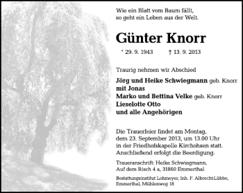 Traueranzeige von Günther Knorr von Deister- und Weserzeitung