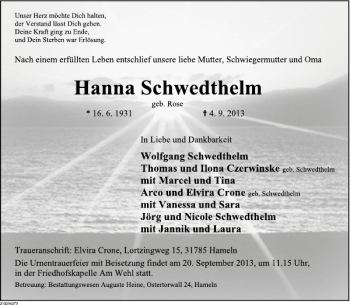 Traueranzeige von Hanna Schwedhelm von Deister- und Weserzeitung