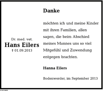 Traueranzeige von Hans Eilers von Deister- und Weserzeitung