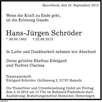 Traueranzeige von Hans-Jürgen Schröder von Deister- und Weserzeitung