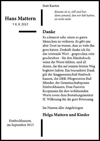 Traueranzeige von Hans Mattern von Neue Deister-Zeitung
