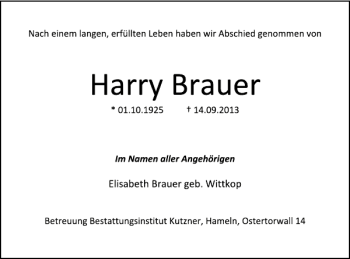 Traueranzeige von Harry Brauer von Deister- und Weserzeitung