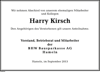 Traueranzeige von Harry Kirsch von Deister- und Weserzeitung