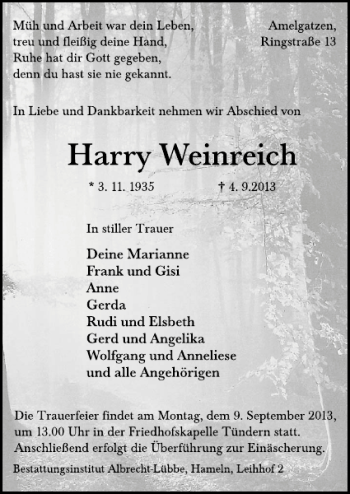 Traueranzeige von Harry Weinrich von Deister- und Weserzeitung