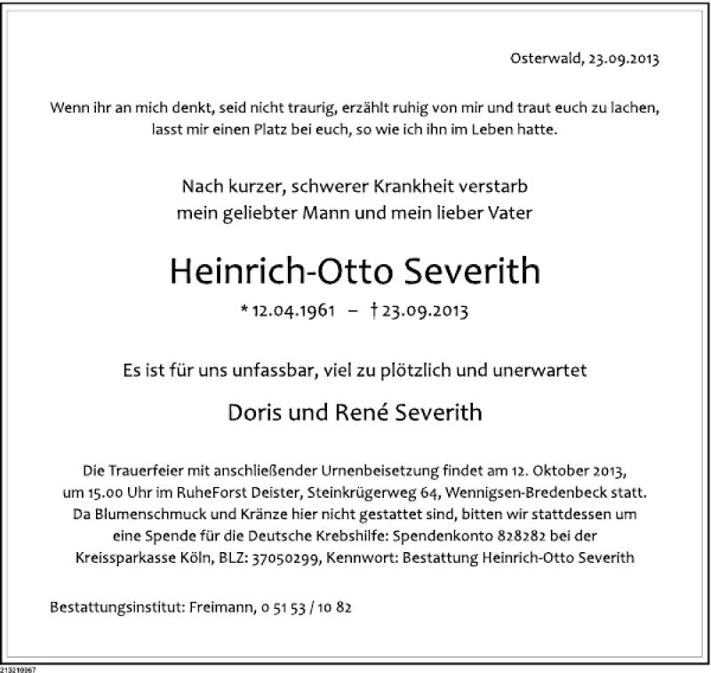  Traueranzeige für Heinrich-Otto Severith vom 28.09.2013 aus Deister- und Weserzeitung