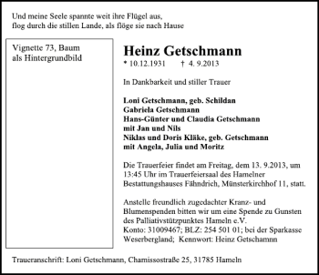 Traueranzeige von Heinz Getschmann von Deister- und Weserzeitung
