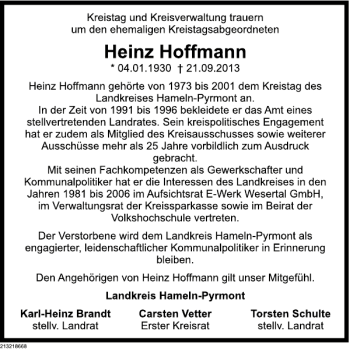 Traueranzeige von Heinz Hoffmann von Deister- und Weserzeitung