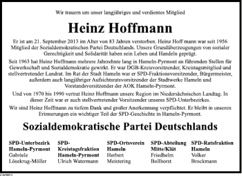 Traueranzeige von Heinz Hoffmann von Deister- und Weserzeitung
