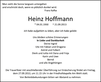 Traueranzeige von Heinz Hoffmann von Deister- und Weserzeitung