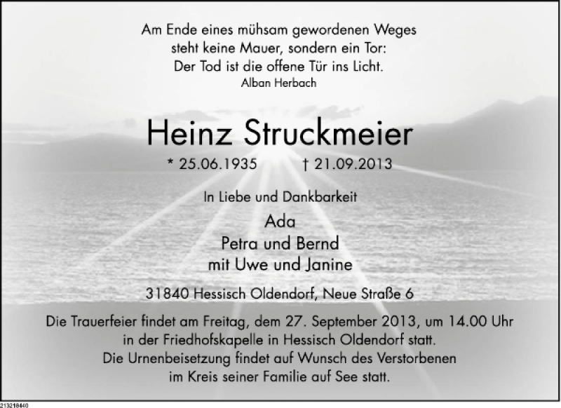  Traueranzeige für Heinz Struckmeier vom 25.09.2013 aus Deister- und Weserzeitung