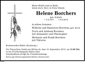 Traueranzeige von Helene Borchers von Deister- und Weserzeitung