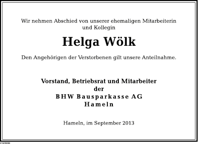  Traueranzeige für Helga Wölk vom 27.09.2013 aus Deister- und Weserzeitung