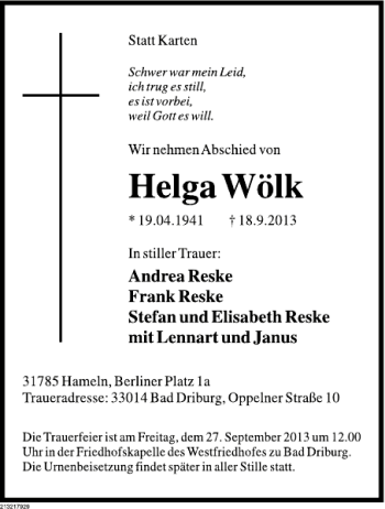 Traueranzeige von Helga Wölk von Deister- und Weserzeitung
