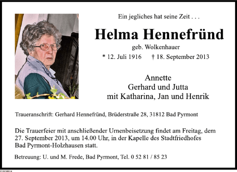  Traueranzeige für Helma Hennefründ vom 25.09.2013 aus Deister- und Weserzeitung