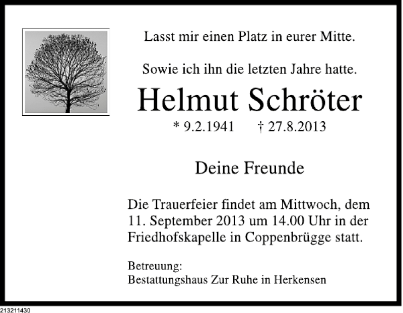  Traueranzeige für Helmut Schröter vom 07.09.2013 aus Deister- und Weserzeitung