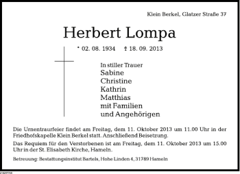 Traueranzeige von Herbert Lompa von Deister- und Weserzeitung