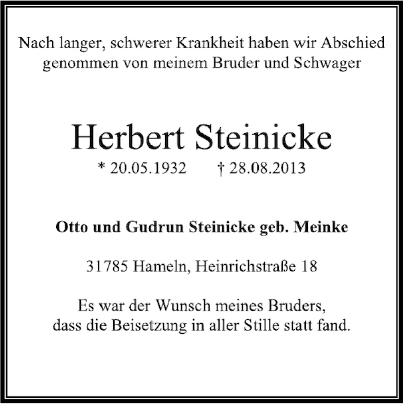  Traueranzeige für Herbert Steinicke vom 21.09.2013 aus Deister- und Weserzeitung