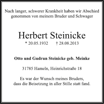 Traueranzeige von Herbert Steinicke von Deister- und Weserzeitung