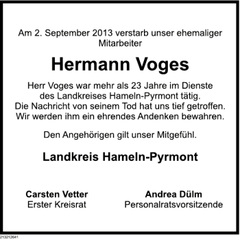 Traueranzeige von Hermann Voges von Deister- und Weserzeitung