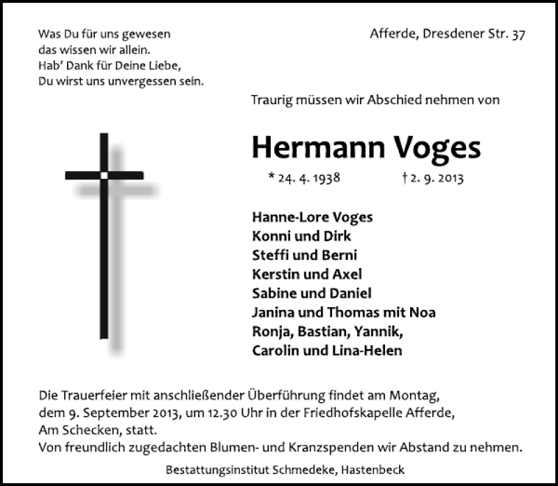  Traueranzeige für Hermann Voges vom 07.09.2013 aus Deister- und Weserzeitung