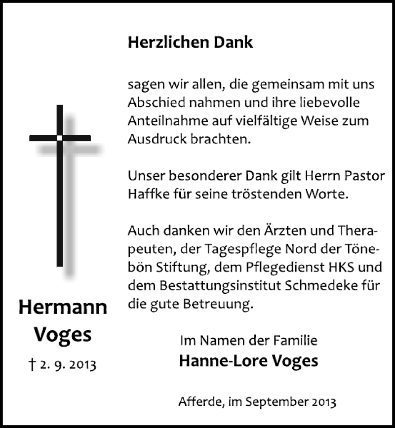  Traueranzeige für Hermann Voges vom 28.09.2013 aus Deister- und Weserzeitung