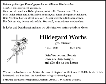 Traueranzeige von Hildegard Worbs von Deister- und Weserzeitung