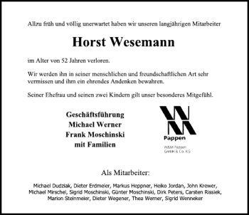 Traueranzeige von Horst Wesemann von Deister- und Weserzeitung