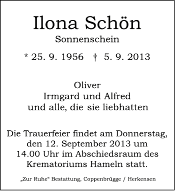 Traueranzeige von Ilona Schön von Deister- und Weserzeitung