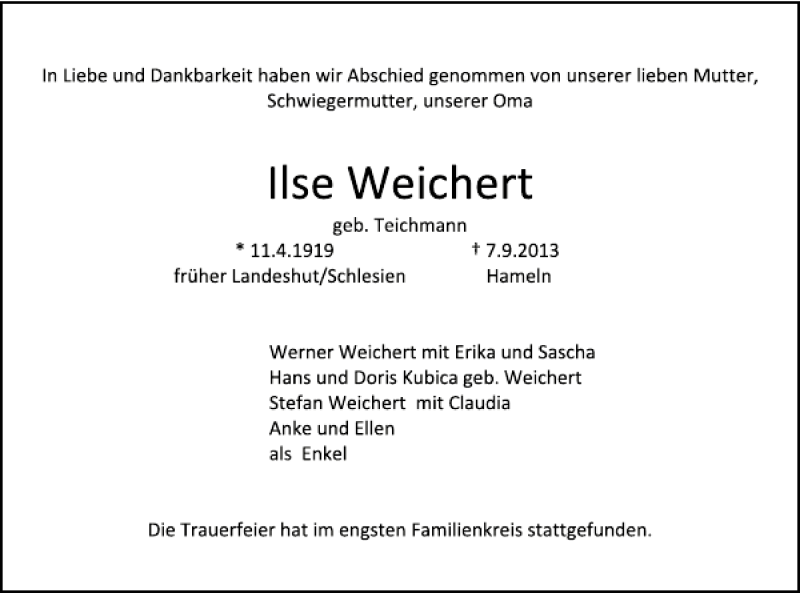  Traueranzeige für Ilse Weichert vom 28.09.2013 aus Deister- und Weserzeitung
