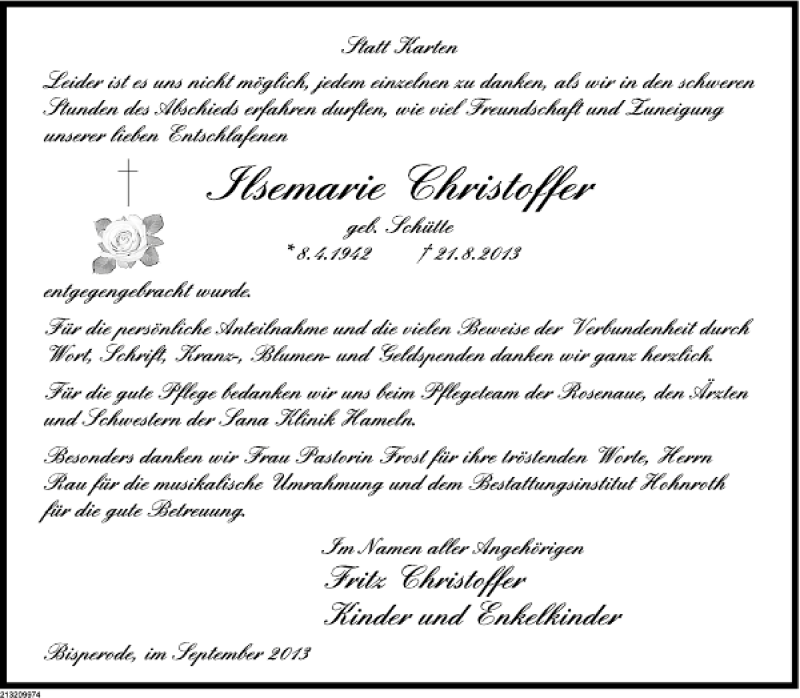  Traueranzeige für Ilsemarie Christoffer vom 06.09.2013 aus Deister- und Weserzeitung