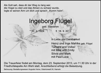 Traueranzeige von Ingeborg Flügel von Deister- und Weserzeitung