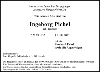 Traueranzeige von Ingeborg Pichel von Deister- und Weserzeitung