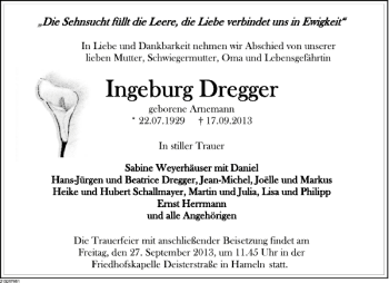 Traueranzeige von Ingeburg Dregger von Deister- und Weserzeitung