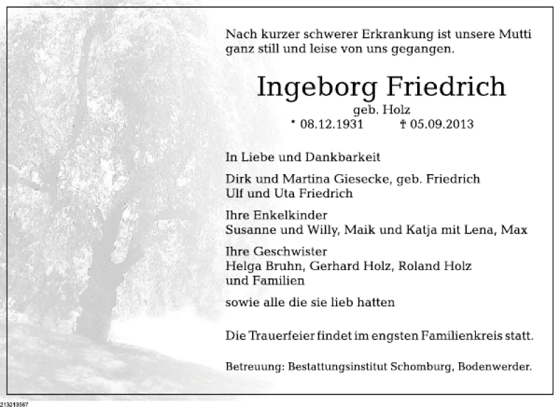  Traueranzeige für Ingeburg Friedrich vom 14.09.2013 aus Deister- und Weserzeitung