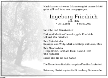 Traueranzeige von Ingeburg Friedrich von Deister- und Weserzeitung