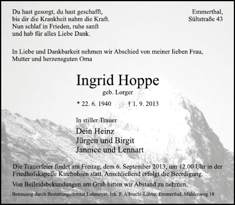  Traueranzeige für Ingrid Hoppe vom 04.09.2013 aus Deister- und Weserzeitung