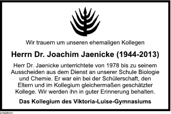 Traueranzeige von Joachim Jaenicke von Deister- und Weserzeitung